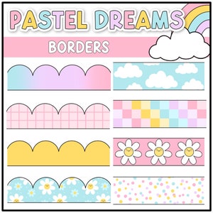Puede incluir: Paquete de papel digital Pastel Dreams Borders con cuatro diseños de bordes diferentes. Los diseños incluyen un borde festoneado con un degradado, un patrón de cuadros, un borde festoneado con un fondo amarillo y un patrón de margaritas.