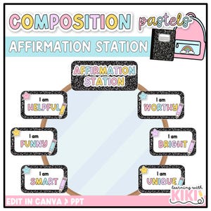 May include: A colorful educational graphic with the text "COMPOSITION pastels AFFIRMATION STATION". It includes a backpack, notebook, and affirmation cards with phrases like "I am Helpful" and "I am Worthy".