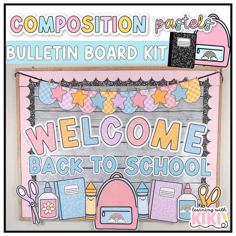 Peut inclure: Kit de tableau d'affichage aux couleurs pastel avec l'inscription &laquo; BIENVENUE &Agrave; L'&Eacute;COLE &raquo;. Le kit comprend des &eacute;l&eacute;ments d&eacute;coratifs tels que des &eacute;toiles, des fanions, des ciseaux, de la colle, des crayons, des cahiers et un sac &agrave; dos avec un arc-en-ciel.