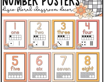 May include: A set of eight colorful number posters with a disco ball and floral design. Each poster features a number, the word for the number, and a ten frame with dots to represent the number. The posters are labeled "0-20 and editable".