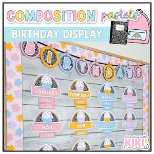 Composition Notebook Birthday Bulletin Board | Pastel Birthday Chart Display