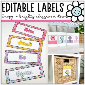 Happy Brights Name Tags, Classroom Labels, Editable, Bright Classroom Decor