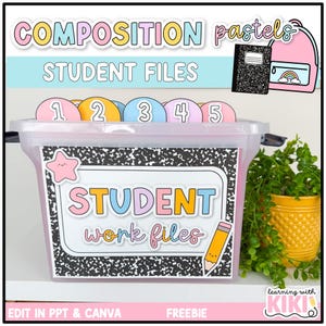 May include: A clear plastic storage bin labelled STUDENT work files with a black and white composition notebook pattern. Inside are colourful file dividers numbered one through five. The label features a pink star and a yellow pencil graphic.