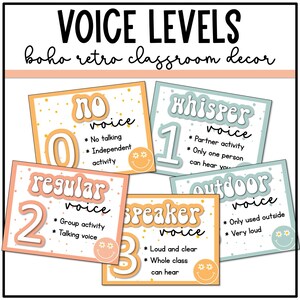 Voice Level Posters, Boho Retro Classroom Decor, Classroom Management, Bulletin Board, Editable
