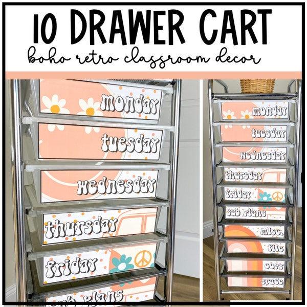 Boho Retro 10 and 12 Drawer Rolling Cart Labels | Teacher Cart | Daisy