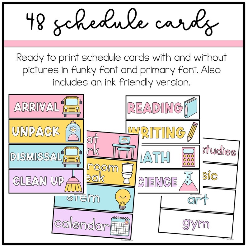 Puede incluir: Un conjunto de 48 tarjetas de horario con texto e ilustraciones coloridas. Las tarjetas incluyen materias como lectura, matem&aacute;ticas y ciencias, as&iacute; como actividades como llegada y salida. El texto "48 schedule cards" est&aacute; en la parte superior.