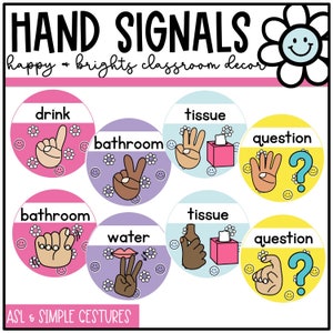 Happy Brights Classroom Hand Signals, Smile Face, Retro, Bright Classroom Decor