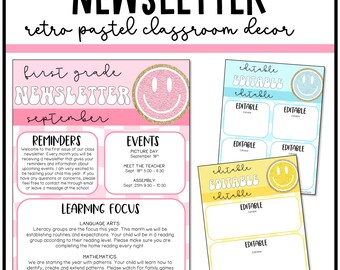 May include: A pastel pink and blue first grade newsletter template with a smiley face graphic. The newsletter includes sections for reminders, events, learning focus, and editable boxes. The text includes the month of September, picture day, meet the teacher, assembly, language arts, and mathematics.