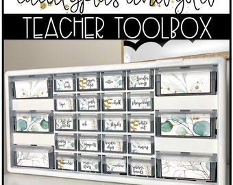 Eucalyptus and Gold Teacher Toolbox Labels | Botanical Classroom Decor
