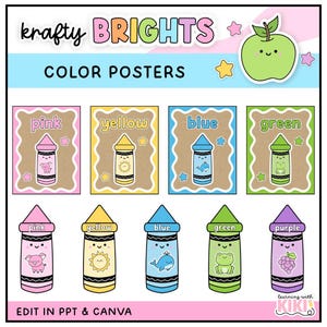 May include: Educational color posters titled Krafty Brights featuring a light green apple, four rectangular cards with pink, yellow, blue, and green crayons, and five individual crayon illustrations in pink, yellow, blue, green, and purple.