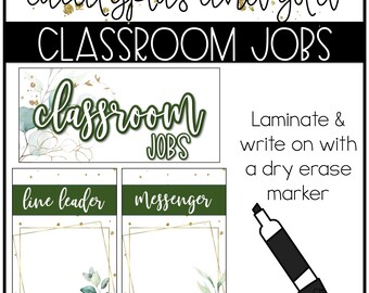 May include: Classroom jobs printable cards with eucalyptus and gold accents. The cards have a green background with gold accents and a white space to write in the job title. The text "classroom jobs" is written in green cursive on the top card. The text "line leader" and "messenger" are written on the bottom cards. The text "Laminate & write on with a dry erase marker" is written on the right side of the image.