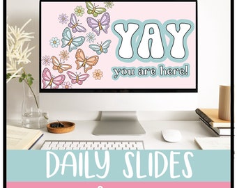 Spring Daily Google Slides and PowerPoint Templates with Timers, Classroom Decor, Classroom Management Slides, Editable, Butterfly