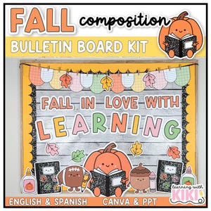 Puede incluir: Kit de tablón de anuncios con temática otoñal con las palabras "FALL" y "BULLETIN BOARD KIT" en la parte superior. La frase "FALL IN LOVE WITH LEARNING" se muestra sobre un fondo de madera. El kit incluye gráficos de calabaza, bellota y hojas.