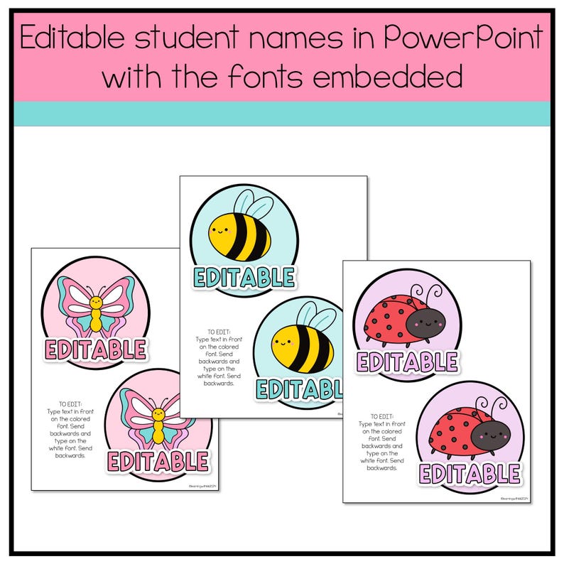 May include: Four editable name tags with different insect designs. Each tag has a pink, blue, or light purple background with a white circle in the center. The circle contains a colorful insect and the word "EDITABLE" in white text. Instructions for editing the name tags are included on each tag.