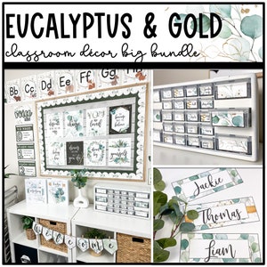 Eucalyptus and Gold Classroom Decor Bundle | Editable | Botanical