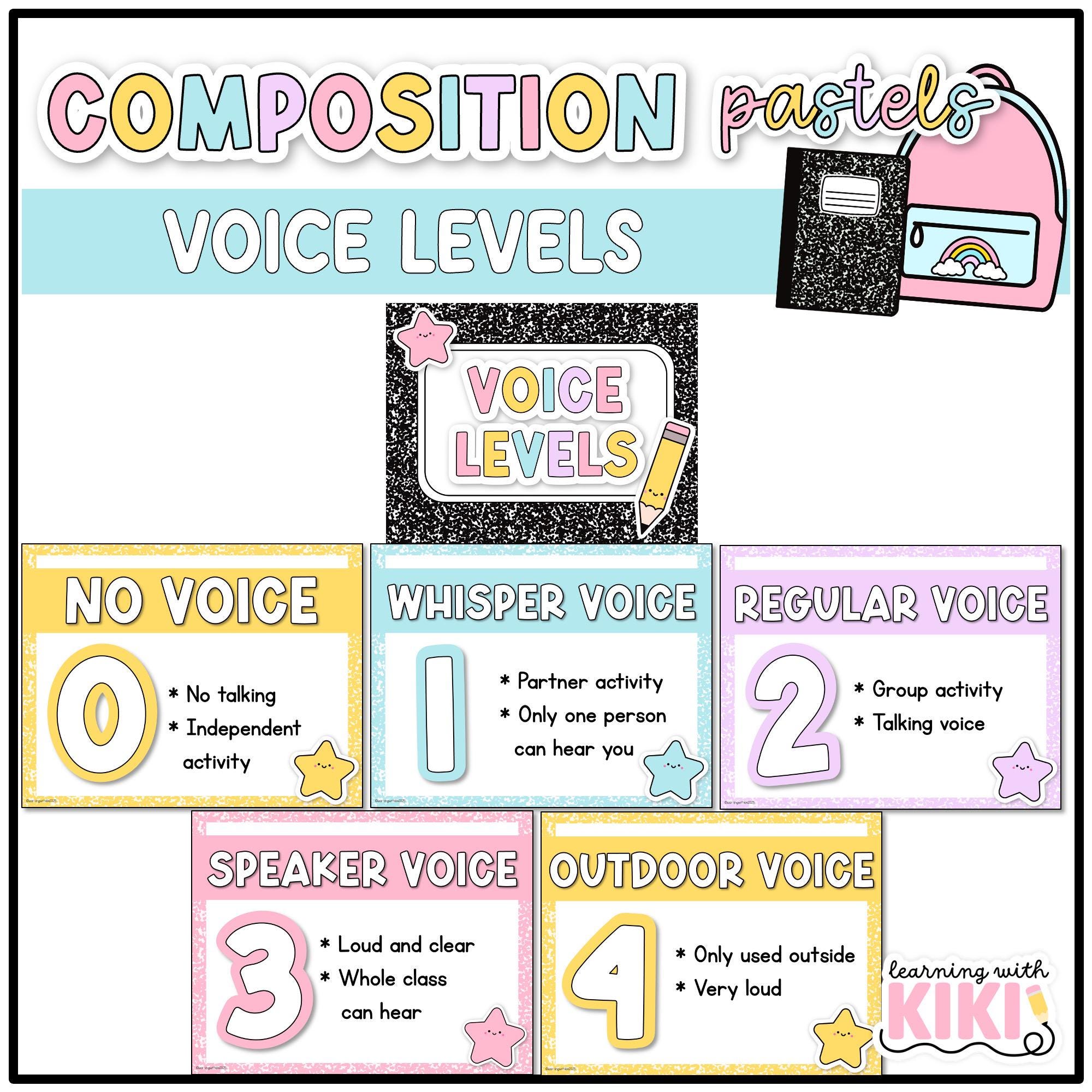 Composition Notebook Classroom Decor | Voice Level Posters | Chart | Editable