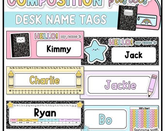 Composition Notebook Student Name Tags | Desk Plates | Editable | Pastel