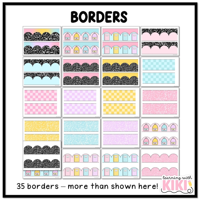 Peut inclure: Une collection de 35 bordures color&eacute;es avec divers motifs, dont des paillettes, des bords festonn&eacute;s et des fonds &agrave; motifs. Le mot "BORDERS" est en haut, avec le texte "35 bordures - plus que montr&eacute; ici !" en bas.
