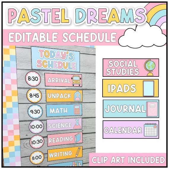 Pastel Classroom Schedule, Editable Template, Classroom Management Printables, Dreamy, Clouds, Rainbow