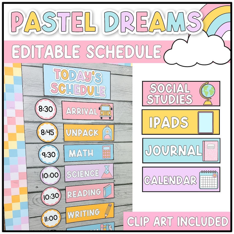 Puede incluir: Un horario editable en colores pastel con el texto "PASTEL DREAMS" en la parte superior. El horario incluye horarios y materias como "ARRIVAL", "UNPACK", "MATH", "SCIENCE", "READING" y "WRITING". Incluye im&aacute;genes predise&ntilde;adas.