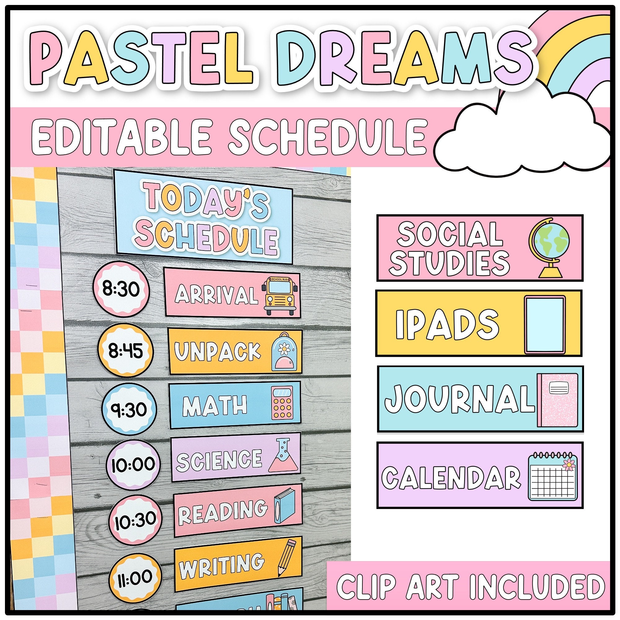 Pastel Classroom Schedule, Editable Template, Classroom Management Printables, Dreamy, Clouds, Rainbow