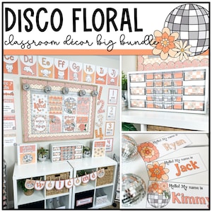 Disco Floral Classroom Decor Bundle, Editable, Classroom Theme, Retro Groovy Classroom Decor