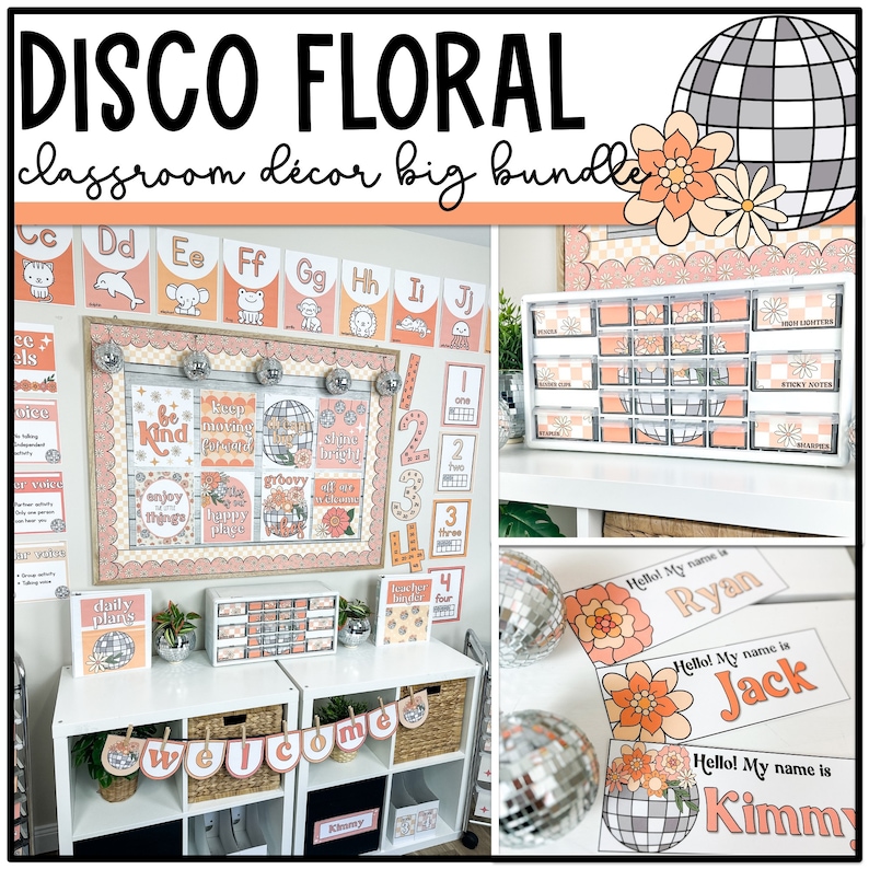 K&ouml;nnte beinhalten: Ein Klassenzimmer-Dekorationspaket mit einem Disco-Blumen-Thema. Das Paket enth&auml;lt Poster, Namensschilder, Zahlenkarten und ein Willkommensbanner. Die Farben sind rosa, orange und wei&szlig;. Das Design zeigt Discokugeln und Blumenmuster.