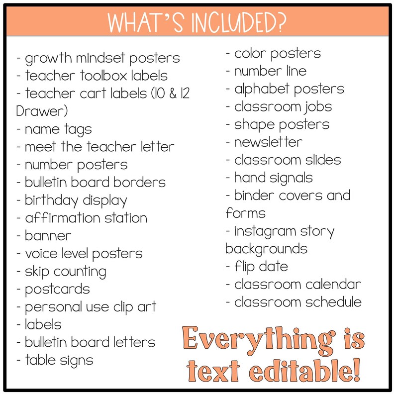 K&ouml;nnte beinhalten: Eine Liste von Unterrichtsmaterialien f&uuml;r Lehrer, darunter Poster, Etiketten und druckbare Materialien. Der Text "Alles ist editierbar!" ist in Orange hervorgehoben.