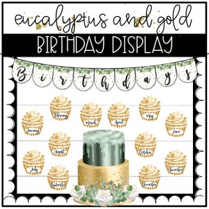 Display de aniversário em eucalipto e ouro | Quadro de avisos | Decoração de sala de aula botânica