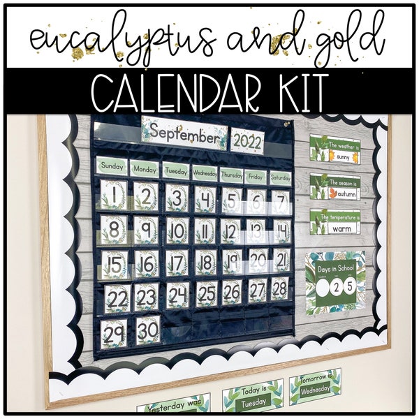 Eucalyptus and Gold Calendar | Pocket Chart | Botanical Classroom Decor