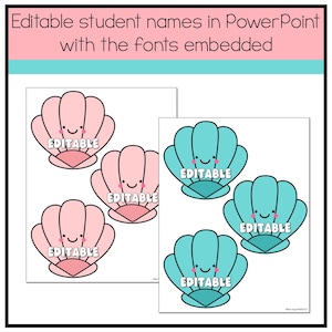 May include: Six editable name tags shaped like seashells. Three are pink and three are blue. Each seashell has a smiling face and the word "EDITABLE" inside.