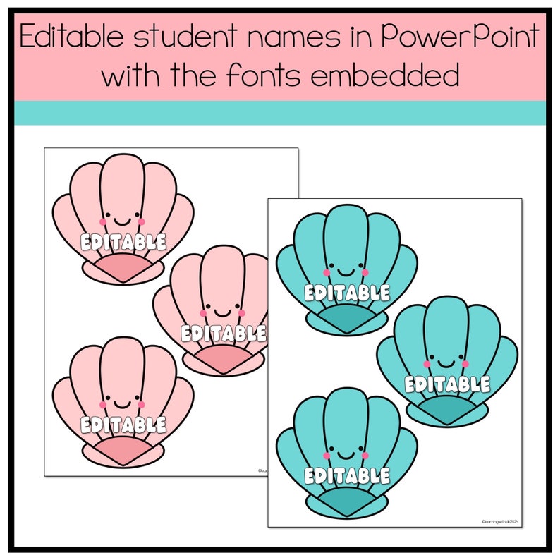May include: Six editable name tags shaped like seashells. Three are pink and three are blue. Each seashell has a smiling face and the word "EDITABLE" inside.