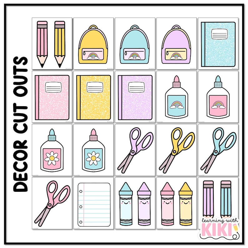 Peut inclure: Ensemble de d&eacute;coupes scolaires color&eacute;es, comprenant des crayons, des sacs &agrave; dos, des cahiers, des flacons de colle, des ciseaux, du papier lign&eacute; et des crayons de couleur. Le texte "DECOR CUT OUTS" est imprim&eacute; sur le c&ocirc;t&eacute; gauche de l'image.