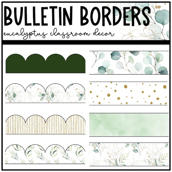 Eucalyptus and Gold Bulletin Board Borders | Botanical | Greenery | Printable