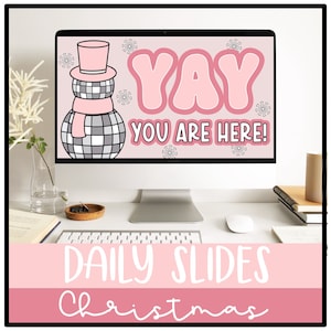 Christmas Daily Google Slides and PowerPoint Templates with Timers,  Classroom Management Slides, Editable, Pink Christmas
