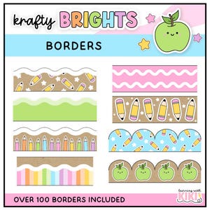 May include: A digital collection of Krafty Brights borders featuring various designs including yellow pencils, light green waves, pastel stripes, and smiling green apples on kraft paper backgrounds. The text reads Krafty Brights Borders and Over 100 Borders Included.