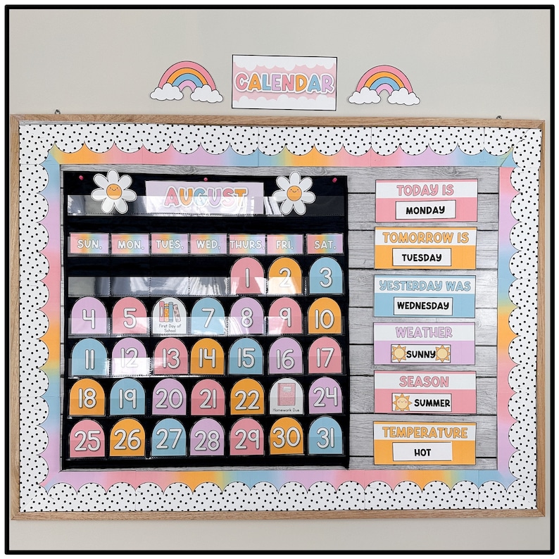 May include: A rainbow-themed classroom calendar with a white background and black polka dots. The calendar features a rainbow, a daisy, and the word "AUGUST" in a colourful font. The days of the week are listed across the top, and the numbers 1-31 are displayed in a grid below. The calendar also includes a section for daily weather, temperature, and season.