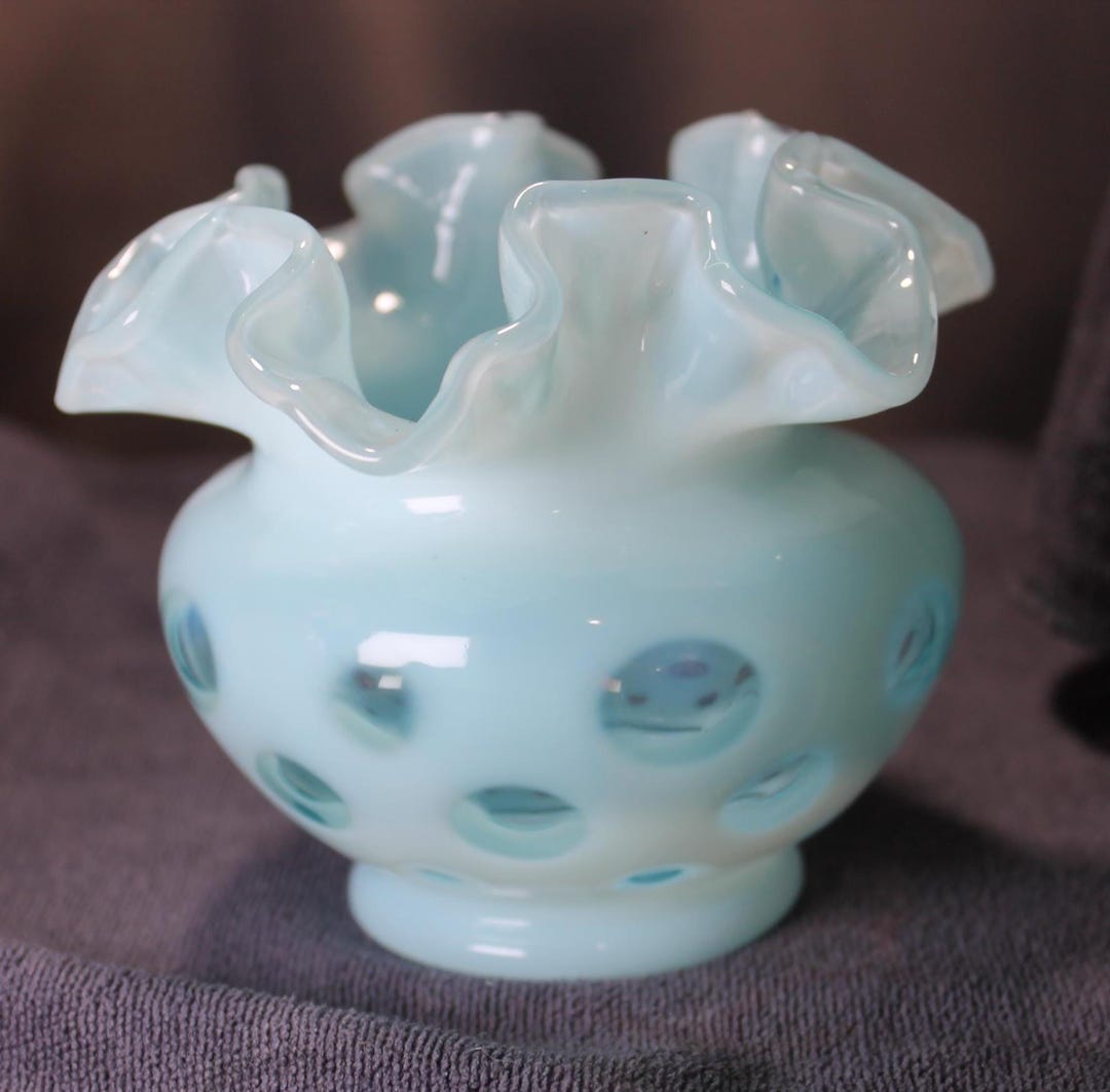 Fenton Light Blue Opalescent Coin Dot Vase – Ruffled Rim – Vintage Art ...