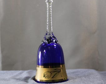 Vintage Cobalt Blue Crystal Art Bell – Etched Floral, Twisted Handle