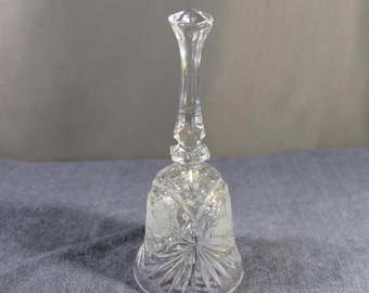 Vintage Cut Lead Crystal Bell 8" Tall Clear Floral Etched Glass Bell Faceted Handle Decorative Collectible