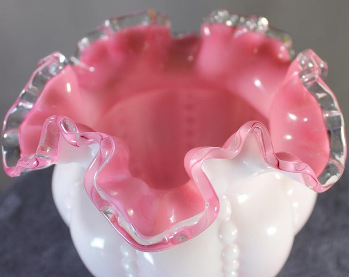 Featured listing image: Vintage Fenton Milk Glass Vase Pink Cased Ruffled Rim Beaded Panel Art Glass