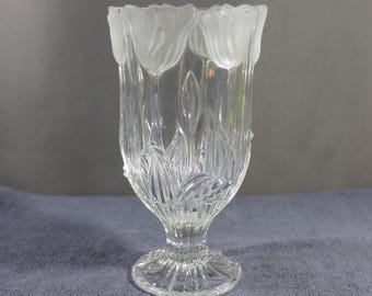 Vintage Block Crystal Tulip Vase 7.5" Polish 24% Lead Crystal Frosted Floral Cut Glass Footed Vase