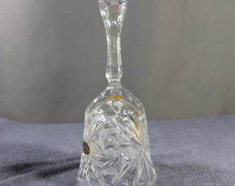 Vintage Cut Lead Crystal Bell 7.25" Tall Starburst Floral Design Original Foil Label Clear Glass Collectible