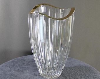 Mikasa Crystal Vase: Gold Rim, Ribbed Cut Glass, 7" Tall, Made Slovenia