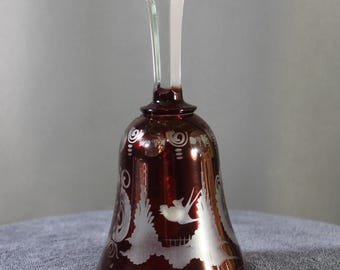 Vintage Bohemia Crystal Ruby Etched Bell – Czechoslovakia – Scenic Cut Design – 6" Tall