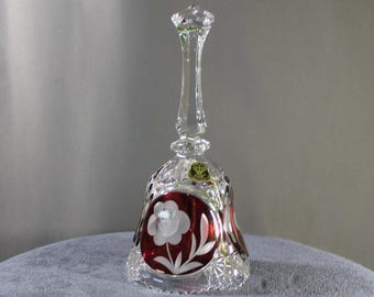 Golden Crown E&R Crystal Bell: Ruby Flash Cut Floral Etched West Germany