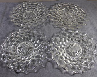 Set of 4 Vintage Fostoria American Clear Glass Salad Dessert Plates, Cube Pattern, Starburst Center