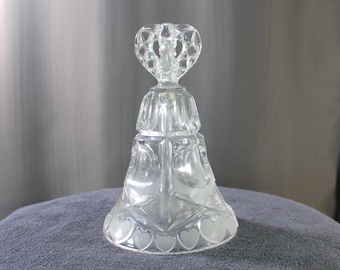 Vintage Large Crystal Bell with Crossed Double Heart Handle | Etched Heart Border | 7 Inch Wedding Anniversary Bell