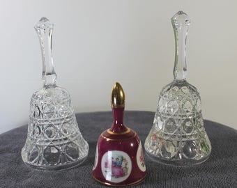 Pair 24% Lead Crystal Bells Cut Glass 5” + Bonus Made in Japan Bell