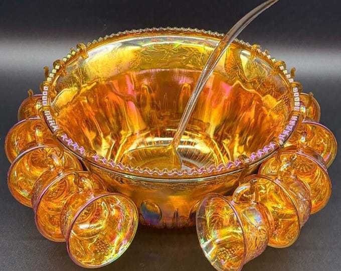 Featured listing image: Vintage Indiana Glass Harvest Grape Carnival Glass Punch Bowl Set: 18 Cups, Original Ladle, Clips. Gold Iridescent, 1970s